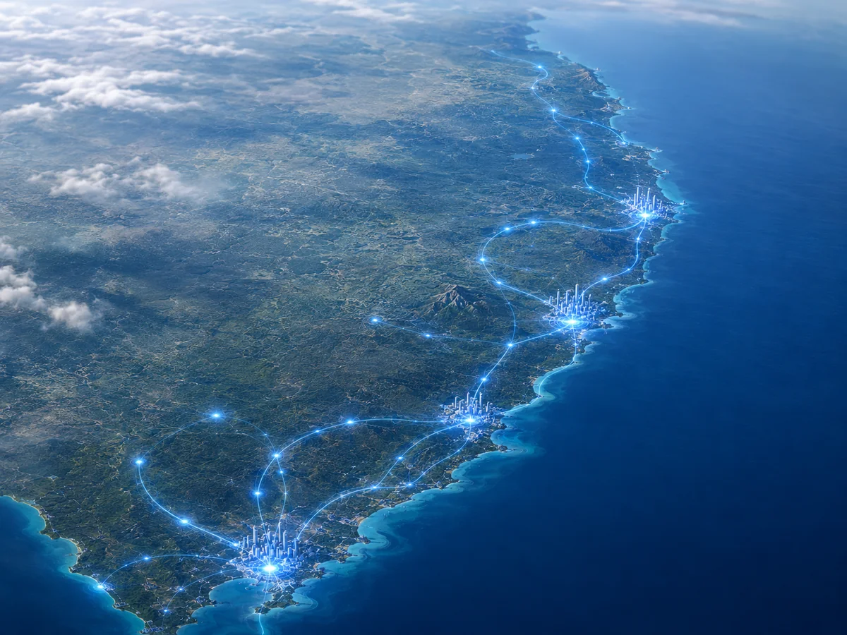 Aerial coastal network map showing connected fibre coverage points